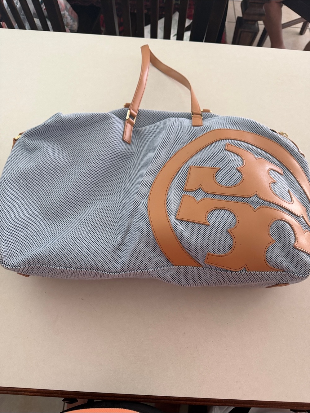 Tory Burch Light Blue Canvas Weekender with Tan Leather Logo